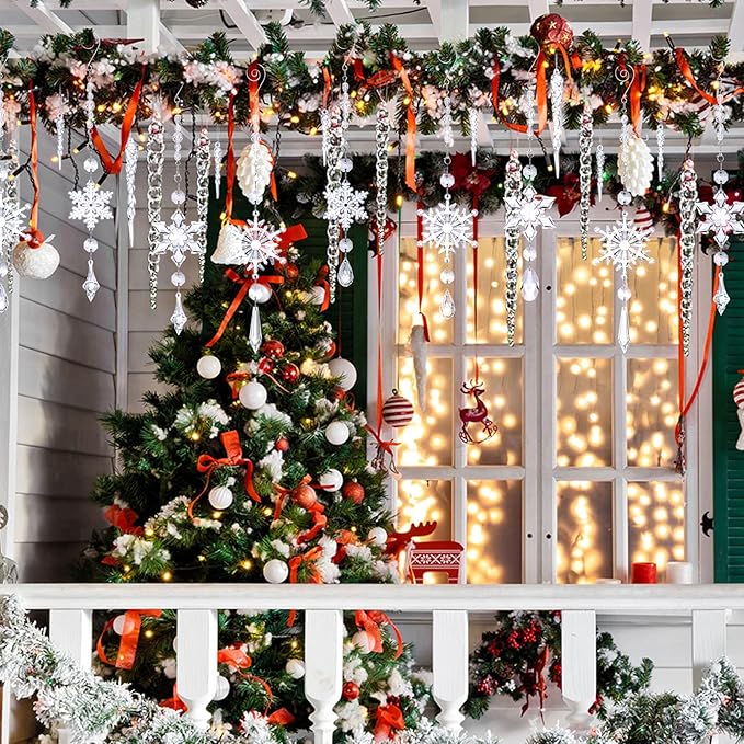 Giegxin 32 Pcs Crystal Christmas Ornaments Crystal Hanging Snowflakes Acrylic Xmas Tree Icicle Drop Decorations with Hooks for Christmas Snow Party Winter(Transparent)