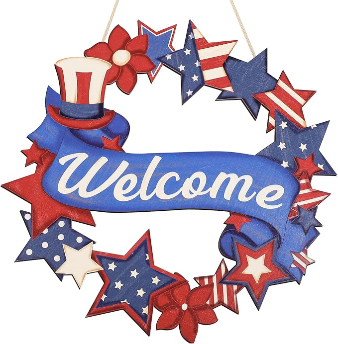 4th of July Decorations Wooden Welcome Sign, Wooden American Flag Star Wreath, Outdoor Wall Hanging for Front Porch, Veterans Day Home Decor (4th of July)