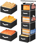Pipishell Hanging Closet Organizer 6-Shelf, Hanging Shelves for Closet with 3 Removable Drawers & Side Pockets for Bedroom, Garment Rack and Wardrobe Organization, 12' x 12' x 43.3', Black