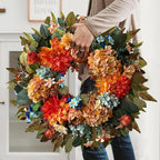 WANNA-CUL 24 Inch Spring Hydrangea &Peony Wreaths for Front Door, Summer Fall Door Wreath with Orange Dahlia Flowers for Wedding or Indoor&Outdoor Decoration