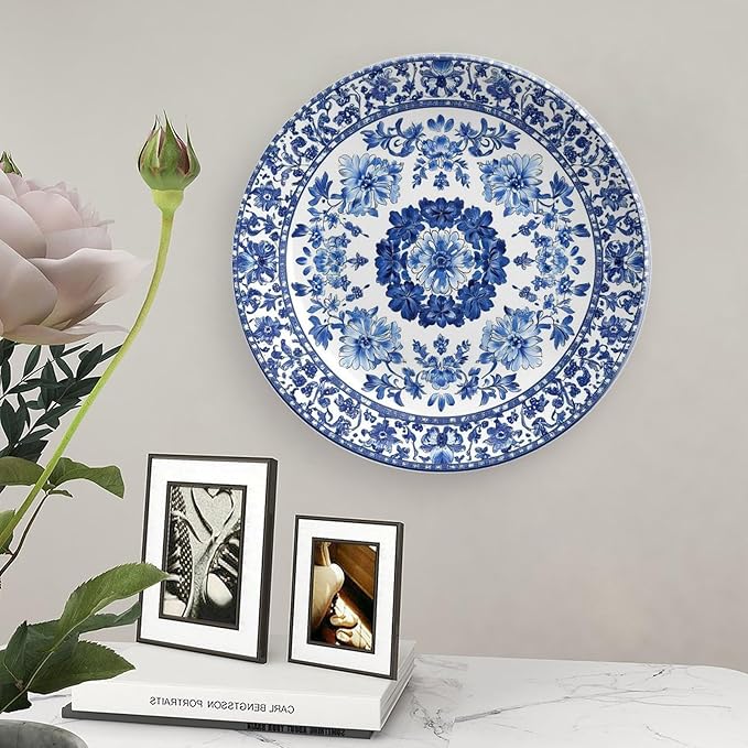 Porcelain Ceramic Decorative Plate, Blue Decorative Dish with Stand, Blue and White Pottery Bone China Decorative Plates Art Porcelain Plate for Living Room Hallway Table Decor