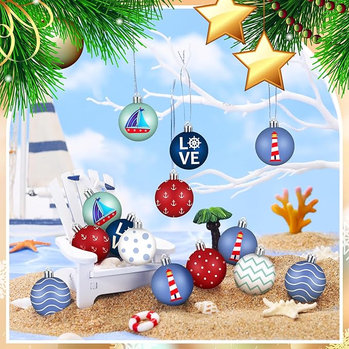 HyDren 40 Pcs Nautical Ornaments 1.2 Inch Summer Tree Decorations Anchor Sea Life Nautical Hanging Decorations Beach Tree Ornaments for Coastal Home Office Party Decor Gift