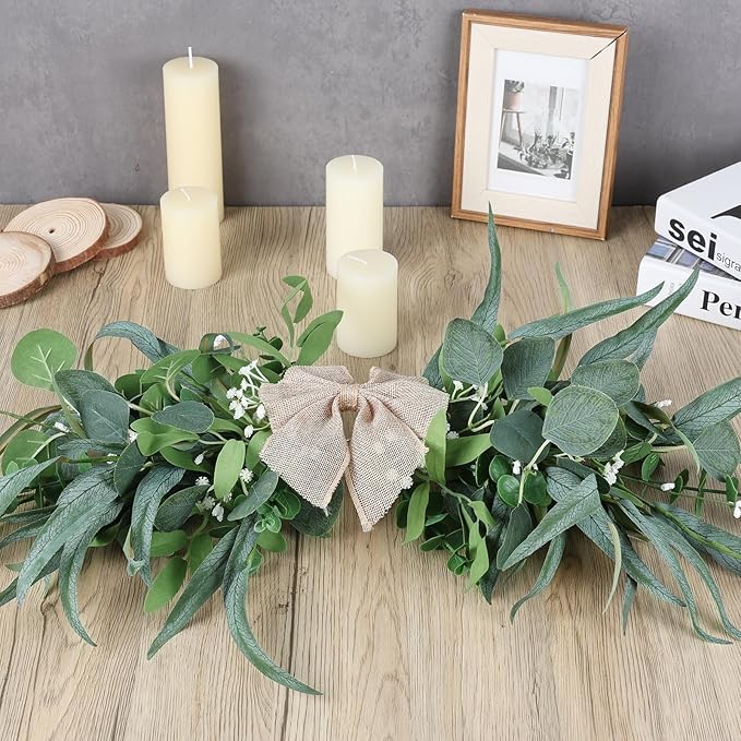 2 Floral Swag for Front Door 24" Greenery Teardrop Swag Eucalyptus Swag Summer Wreath with Eucalyptus Olives Leaves Mixed Berry for Wedding Arch Party Wall Home Garden Decor
