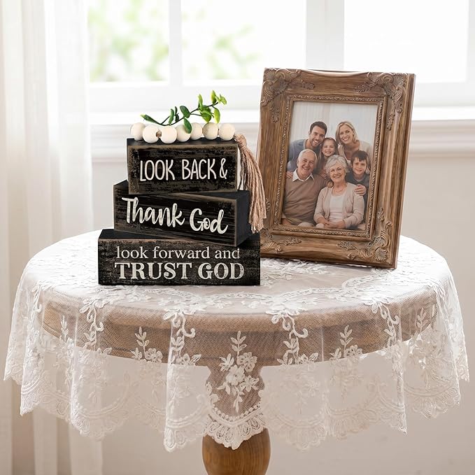 Moucuny 4 Pcs Farmhouse Table Decor Inspirational Wooden Signs Rustic Eucalyptus Leaves Wooden Block Sign Gift Thank and Trust God Farmhouse Table Centerpiece for Living Room Housewarming Gift