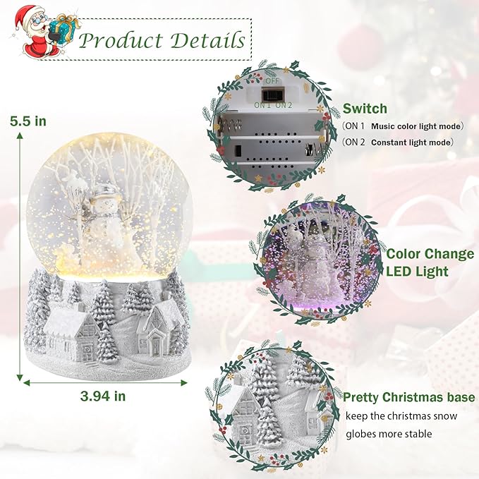 Christmas Snow Globe Musical Snowman Country Village Silver Xmas Tree White Water Snow Globes LED Light Change Music Box Home Christmas Decor for Kids Snowman Snow Globes