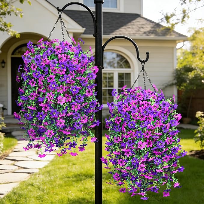 INQCMY Artificial Hanging Flowers Decoration, 4pcs Fake Floral Basket Plants for Outdoor Porch, Faux Shrubs Home Spring Decor UV Resistant Potted Violets for Outside Garden No Fade