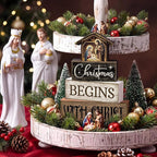 Moucuny 4 Pcs Christmas Table Decoration Christian Wooden Stacked Block Decor, Christmas Begins with Christ Signs with Nativity Scene Topper, Rustic Religious Xmas Tiered Tray Decor for Home Church