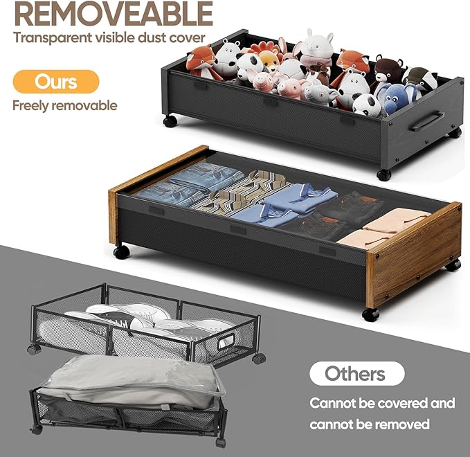 Under Bed Storage with Wheels, 2 Packs Wooden Storage Containers Extra Large Underbed Shoes Organizer, Rolling Under Bed Storage Drawers with Clear Lid, Heavy Duty for Clothes Toys 36"L (Black)
