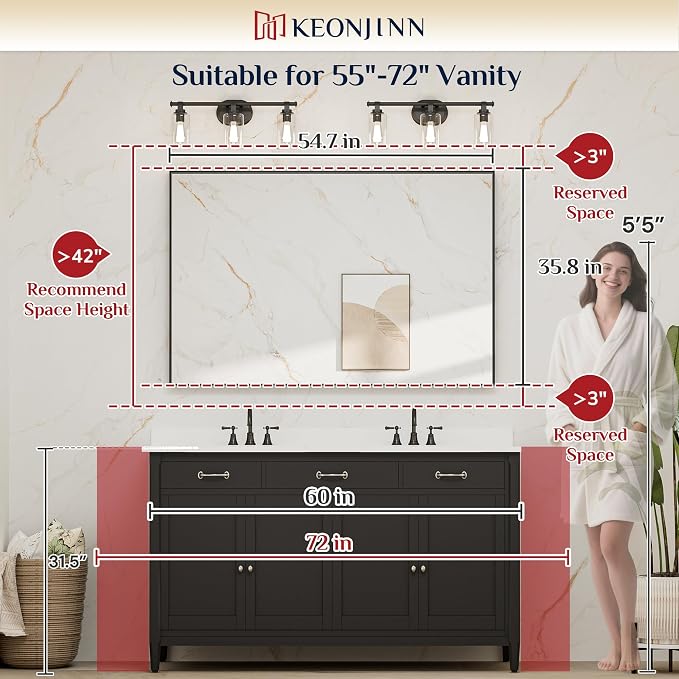 Keonjinn Brushed Gold Bathroom Mirror 55 x 36 Inch, Large Gold Vanity Mirror for Wall, Metal Frame,Rectangle Square Corner, Oversized, Modern Farmhouse(Horizontal/Vertical)