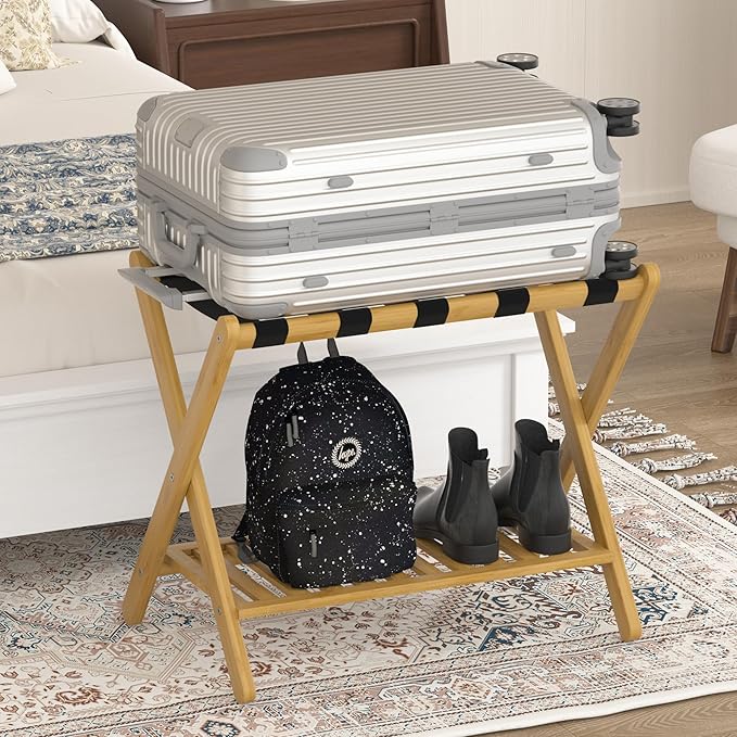 Luggage Racks Suitcase Stand Foldable With Storage Shelf For Guest Room Hotel Essentials Solid Bamboo Heavy-Duty Item Holder Natural