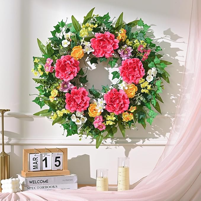 Yastouay Spring Summer Wreaths for Front Door, 24 Inch Large Spring Summer Door Wreath with Vibrant Peonies Hibiscus Flowers, Spring Wreath for Front Door Farmhouse Porch Wall Window Indoor Outdoor