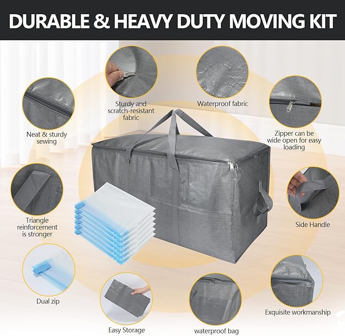 Extra Large Storage Bags Set Heavy Duty Moving Totes with Handles, Waterproof Dual-Way Carrying Design Fold Flat Storage Totes For Effortless Moving, (Gray, 12 Park-2 Moving bag & 10 Vacuum Seal Bags)