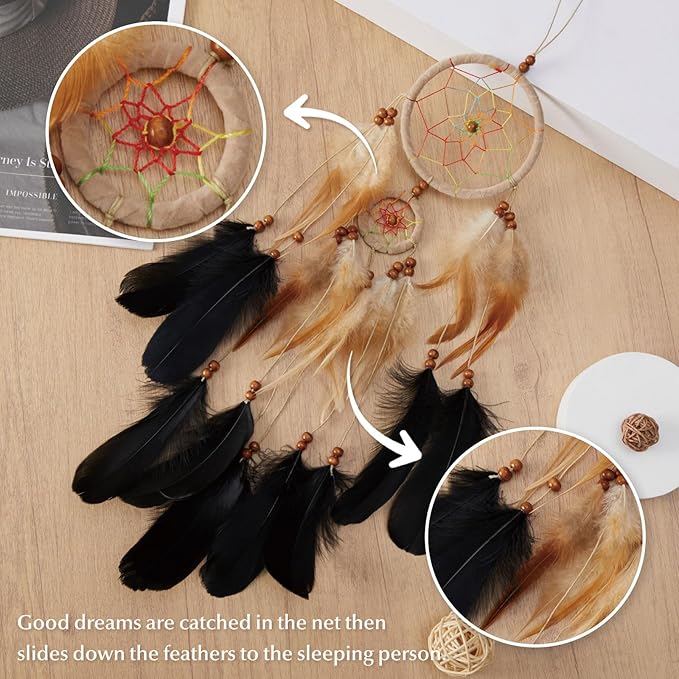 Pretty Jolly Indian Small Camel Brown Dream Catchers Wall Decor Handmade Feathers Native Mini Dreamcatchers Home Decoration Ornament for Bedroom Birthday Party-2 Rings