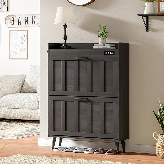 ChooChoo Shoe Storage Cabinet with 2 Flip Drawers, Deodorizing Shoe Organizer Storage for Entryway, Freestanding Hidden Slim Narrow Shoe Rack Cabinet, Black