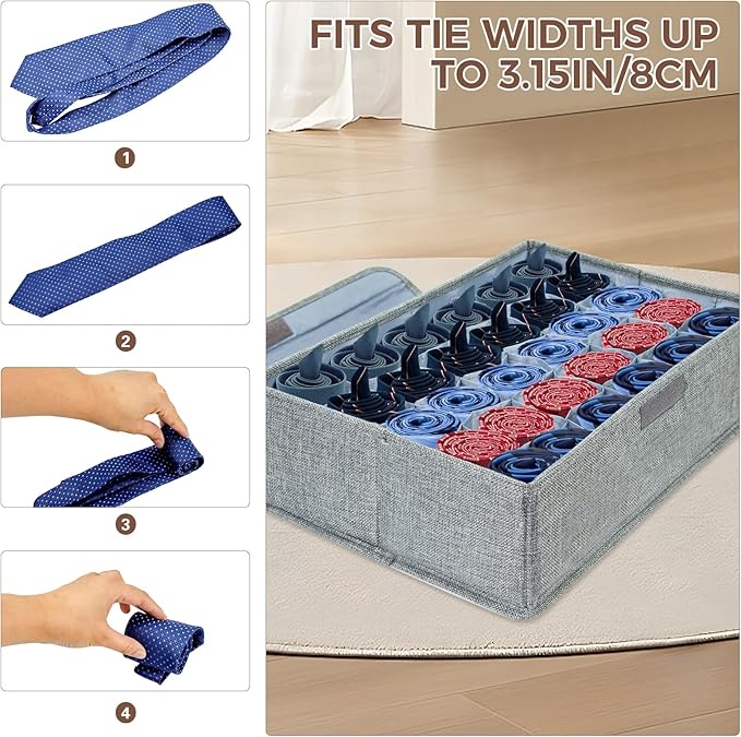 PINGMIC Gray Sock Organizer Divider 1 Pack with Lid - 30 Cell Foldable Closet Storage, Tie Organizer For Men Boxes for Socks, Ties, Belts