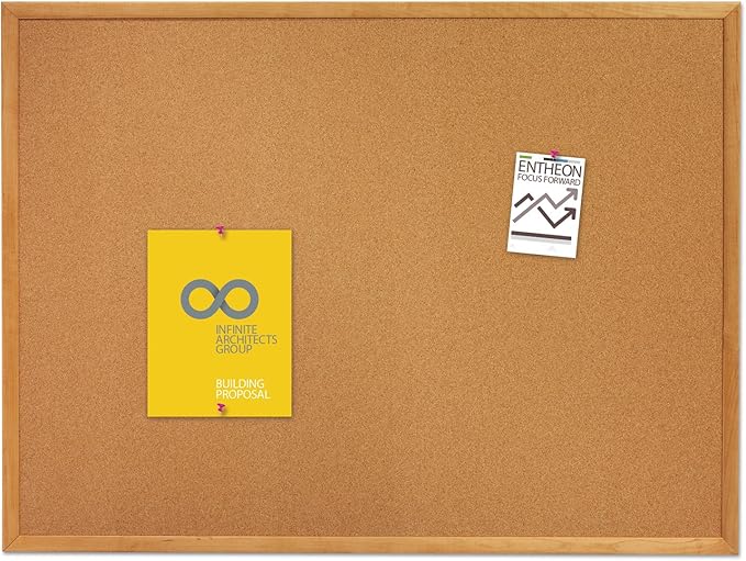 Quartet Cork Bulletin Board 36"W x 24"H Pin Board, Oak Finish Frame (303)