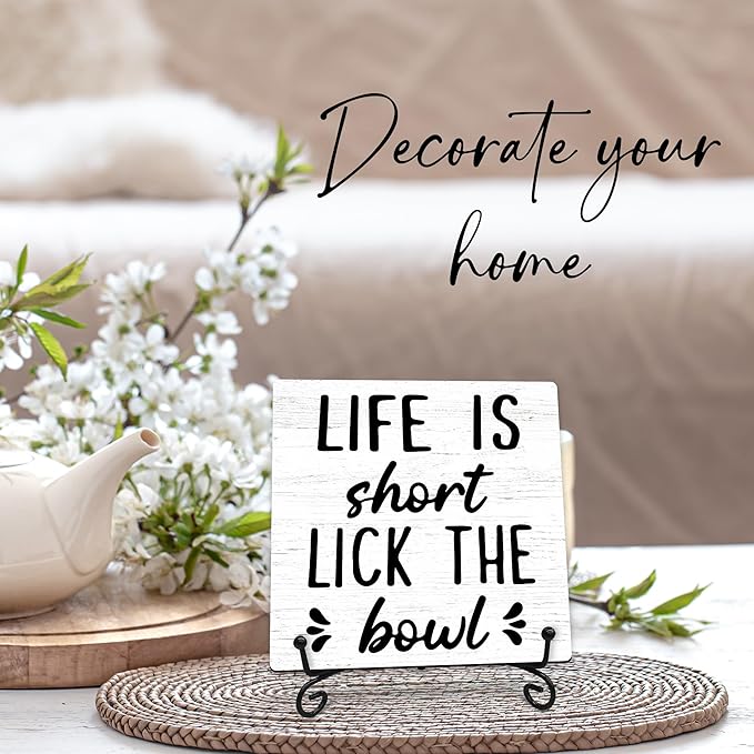 Life is Short Lick the Bowl Wooden Sign - 5" Funny Wooden Plaque With Metal Support - Rustic Tabletop Bathroom, Toilet, Kitchen Room Decor - Housewarming Gifts For Family & Friends - A01