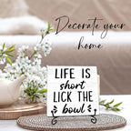 Life is Short Lick the Bowl Wooden Sign - 5" Funny Wooden Plaque With Metal Support - Rustic Tabletop Bathroom, Toilet, Kitchen Room Decor - Housewarming Gifts For Family & Friends - A01