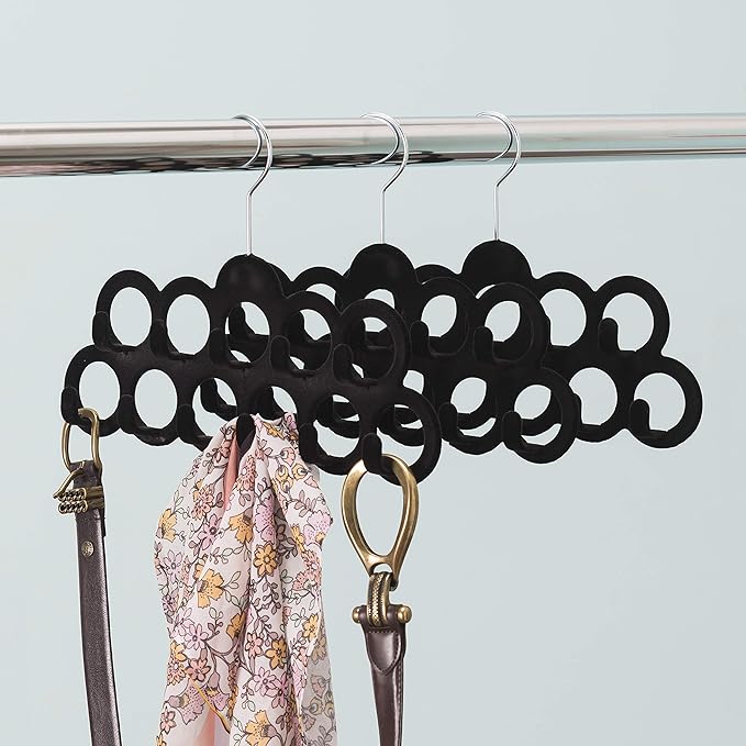Velvet Scarf Storage Organizer for Closet (Pack of 3), Black | by Home Basics | Scarf Holder for Scarves and Ties | Slim Scarf Hangar Useful for Belts and Jewelry