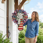 YOYAI Wooden Wall Cross Decor Patriotic Door Hanger Memorial Day Decorations 4th of July Wooden Welcome Wreath for Front Door, Independence Day Decorations - Wooden Cross Outdoor Door Hanger for Porch, Wall, Window