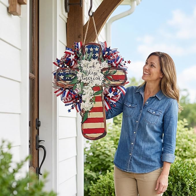 YOYAI Wooden Wall Cross Decor Patriotic Door Hanger Memorial Day Decorations 4th of July Wooden Welcome Wreath for Front Door, Independence Day Decorations - Wooden Cross Outdoor Door Hanger for Porch, Wall, Window