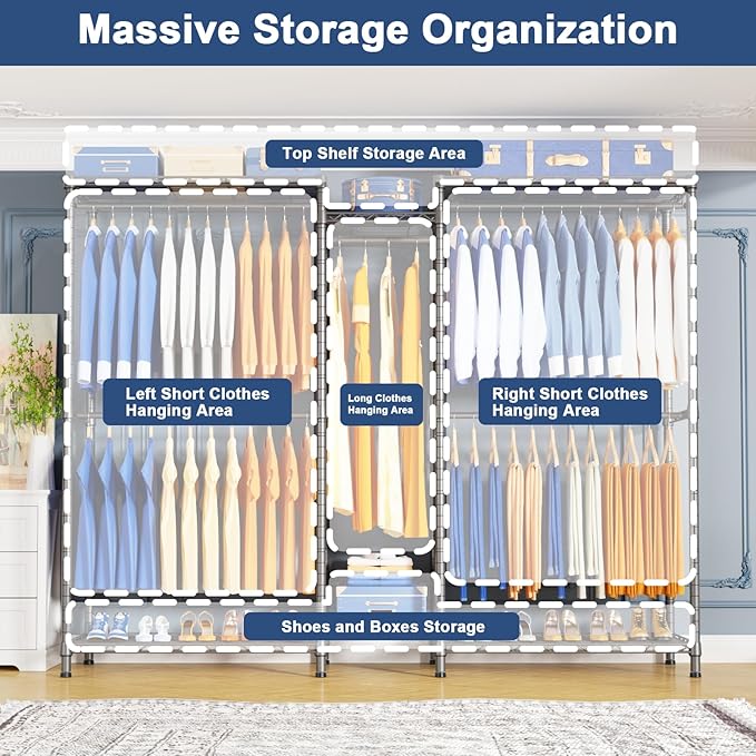 Ulif E12 Pro Clothes Rack，Heavy Duty Freestanding Garment Rack with Shelves，Metal Clothing Closet Storage System for Hanging Clothes，71" W x 16" D x 76.5" H, Hold 960 lbs，Grey