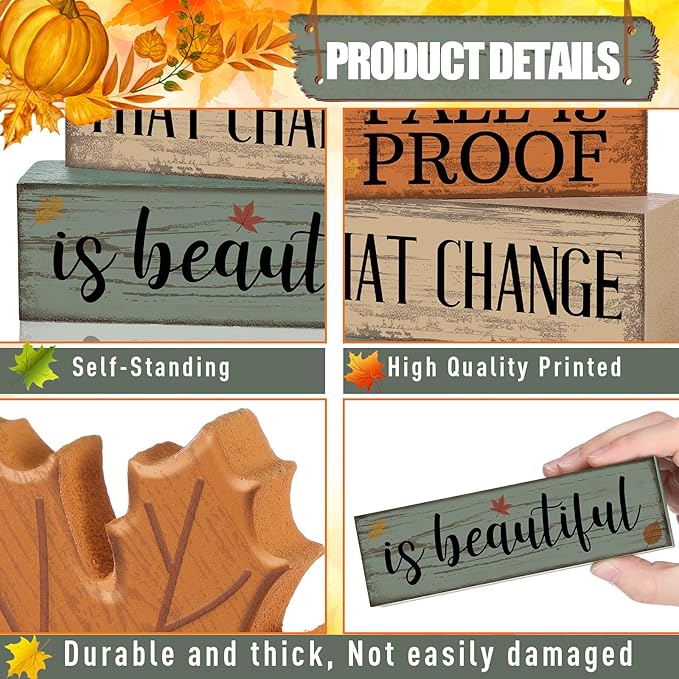 Lineshading 4 Pcs Fall Decoration for Home Wooden Maple Leaf Stacked Decor Thanksgiving Table Centerpiece Fall Tiered Tray Decor Rustic Decorative Maple Leaf Block Signs Autumn Decoration for Kitchen