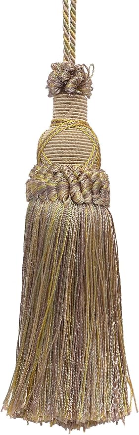 DÉCOPRO 5 1/2" (14cm) Key Tassel 4" (10cm) Loop with Criss Cross Design (Style# KTIC) Cashew Beige Multicolor #2935 (Light Beige Mint Green Yellow Gold) Set of 2
