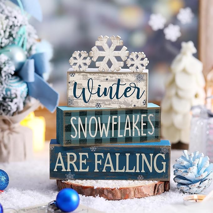 Yuntau 6 Pcs Winter Snowflakes Table Decorations Christmas Snowflake Centerpieces for Tables Winter Tiered Tray Decor Rustic Wood Snow Sign Farmhouse for Wonderland Party Kitchen Shelf Home