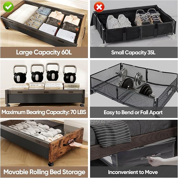 KITHELP Wooden Under Bed Storage with Wheels, Rolling Under the Bed Storage Bins with Removable Lid, Metal Under Bed Drawers for Clothes and Shoes in Bedroom or Living Room(Walnut Brown-2pack)