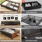 KITHELP Wooden Under Bed Storage with Wheels, Rolling Under the Bed Storage Bins with Removable Lid, Metal Under Bed Drawers for Clothes and Shoes in Bedroom or Living Room(Black Wood-2pack)