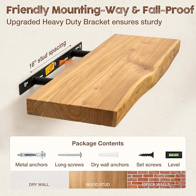 fuqing Live Edge Floating Shelves for Wall 36 inch, 8 Inch Deep Solid Elm Wood Floating Wall Shelves - Rustic Wooden Shelves with Invisible Brackets for Living Room Bedroom Kitchen, 2 Pack, Natural