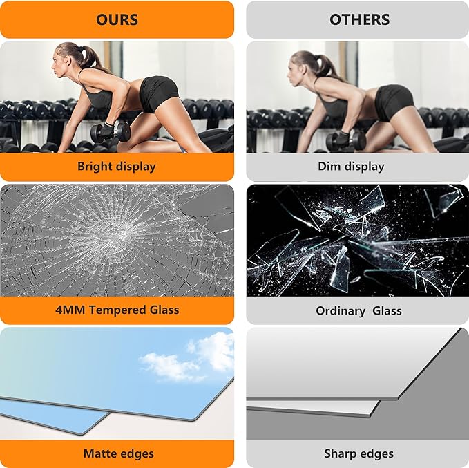 TRAHOME Home Gym Mirror for Wall,48x28x2PCS Full Length,Glass Frameless Body Large Mirror for Home Gym,Workout,Bedroom,Garage(Black)