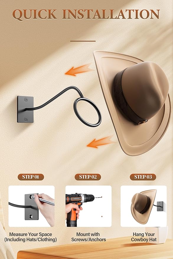 Cinati Cowboy Hat Rack for Wall 6 Pack, Cowboy Hat Holder Wall Mount, Western Rustic Metal Hats Hanger Hooks Organizer for Fedora,Sun Hats,Wide Brim,Western Room Decor