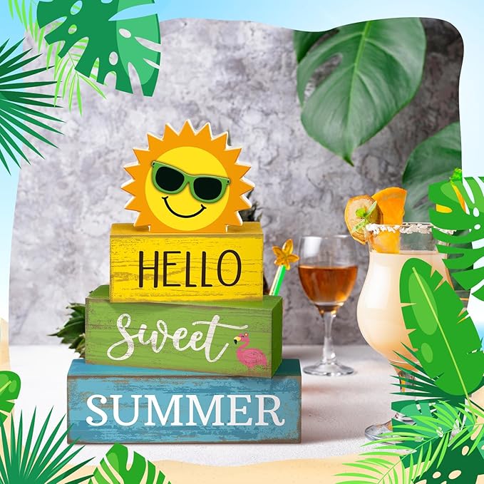 Yuntau 4 Pcs Summer Table Decoration Hello Sweet Summer Tiered Tray Decor Rustic Wood Flamingo Centerpiece Summertime Decorative Block Signs Farmhouse Tabletop Decor for Home Kitchen Shelf Office