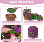 Artificial Flowers with Hanging Basket, Outdoor Faux Plants Silk Morning Glory Vines, Fake Green Arrangement for Garden Patio Spring Summer Decor(Purple Red Violet)