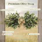 26" Farmhouse Olive Greenery Swag with Burlap Bow – Full Artificial Olive Leaf Swag for Front Door, Wall, Mantel & Table Décor, Realistic Year-Round Greenery Decoration (Green 1Pcs)