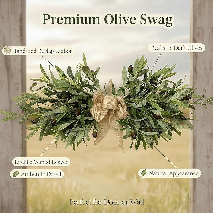 26" Farmhouse Olive Greenery Swag with Burlap Bow – Full Artificial Olive Leaf Swag for Front Door, Wall, Mantel & Table Décor, Realistic Year-Round Greenery Decoration (Green 1Pcs)