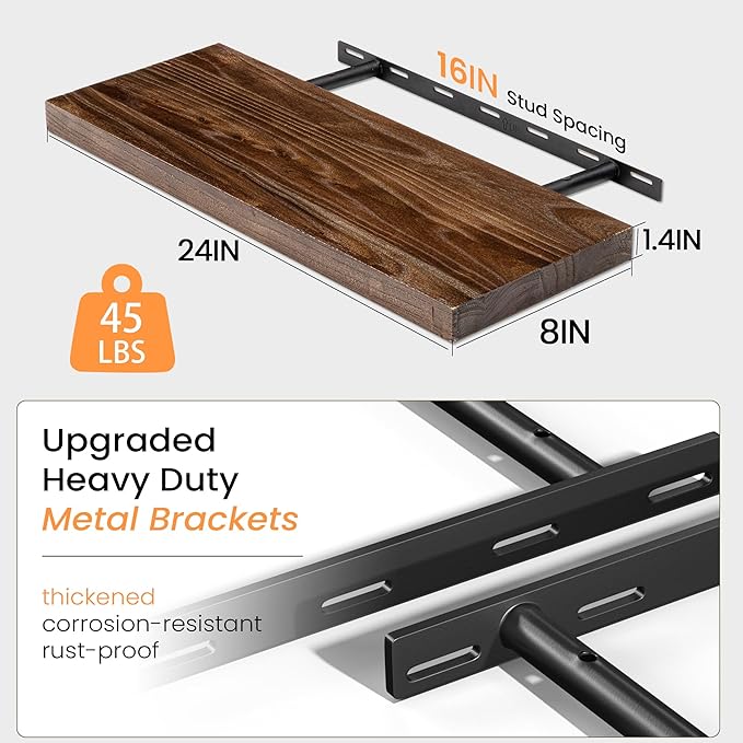 Fun Memories Floating Shelves for Wall Set of 2, Rustic Solid Elm Wood Wall Shelves 24 Inch - Invisible Bracket Mount for Living Room, Bathroom, Bedroom, Kitchen, Walnut