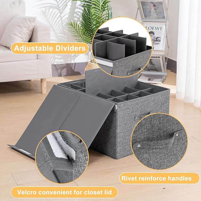 2 Pack Shoe Storage Box Fits 32 Pairs, Large Shoe Organizer with Lid and Adjustable Dividers for Closet, Shoes, Sneakers and High Heeled, Foldable and Stackable (Grey)