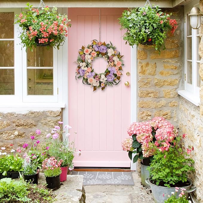 22 Inch Vintage Floral Wreath - Artificial Purple Pink Rose, Peach Dahlia, Hydrangea & White Berry with Boxwood, Lamb's Ear, Willow Eucalyptus, Indoor Outdoor Farmhouse Front Door Decor