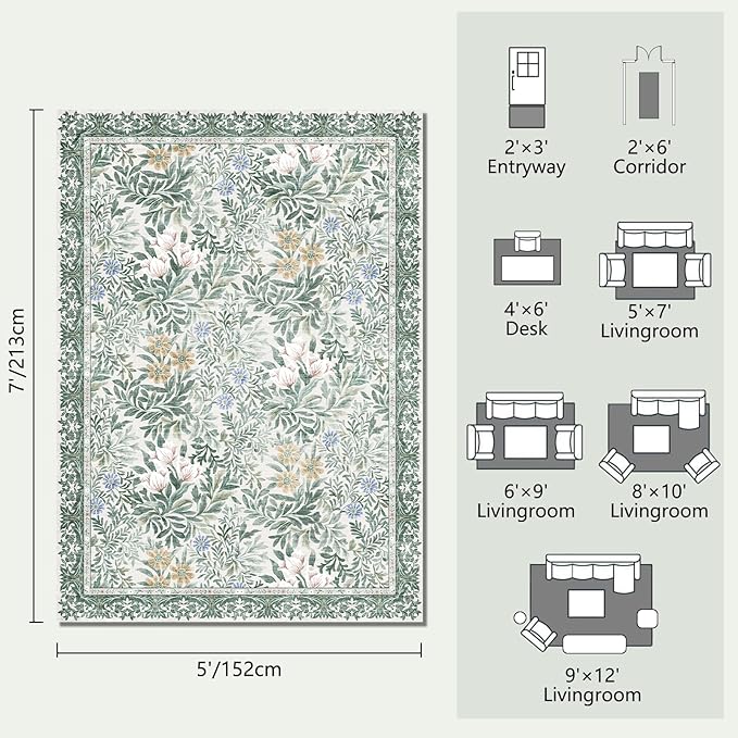 Botanical Floral Area Rug 5x7 Light Green Cream Vintage Garden Design, Perfect for Living Room, Bedroom, Kids Room, Nursery - Stain & Water Resistant Non-Slip, Pet & Child Friendly Area Rugs