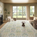 Washable 9x12 Area Rug - Light Green Vintage Floral for Living Room, Dining Room Under Table & Bedroom - Soft Low Pile, Non-Slip & Stain Resistan
