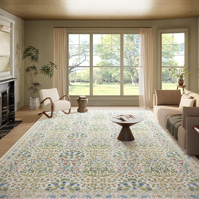 Washable 9x12 Area Rug - Light Green Vintage Floral for Living Room, Dining Room Under Table & Bedroom - Soft Low Pile, Non-Slip & Stain Resistan