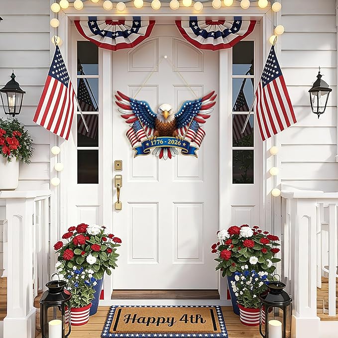 250 Anniversary 4th of July Decoration Door Wreath for Front Door Sign Patriotic Eagle Wall Signs 250 Years of Freedom 1776-2026,Independence Day Patriotic Day Wreath Memorial Day Hanging for Home