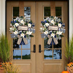 Waipfaru Spring Summer Wreaths for Front Door, 22 Inch Magnolia Wreath with Eucalyptus & Blue Grey Burlap Bow, Front Door Wreath for Farmhouse Porch Outdoor Decor Outside All Season (1 Pcs)