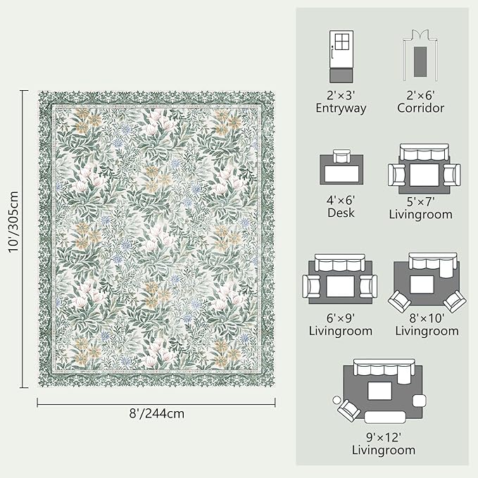 Botanical Floral Area Rug 8x10 Light Green Cream Vintage Garden Design, Perfect for Living Room, Bedroom, Kids Room, Nursery - Stain & Water Resistant Non-Slip, Pet & Child Friendly Area Rugs