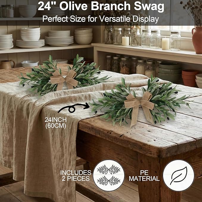 2 Pack 24" Artificial Olive Swag, Full Greenery Swag with Easy-Hang Burlap Bow, Flexible Realistic Olive Branch Wreath for Front Door, Wedding Arch, Wall, Farmhouse Home Decor