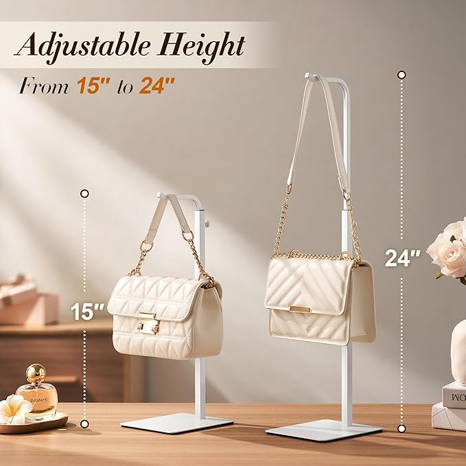 pickpiff Adjustable Purse Display Stand - White Tabletop Display Holder for Handbags, Wreaths and Banners, for Home Closets, Retail Displays and Vendor Booths (1-Pack) | Non-Slip Base