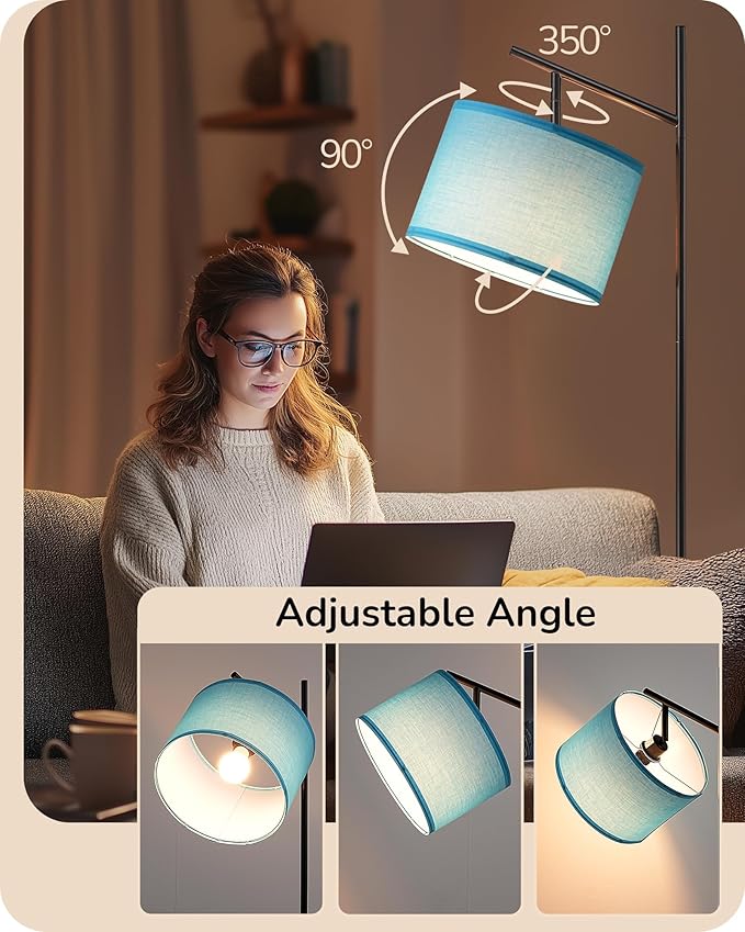 EDISHINE Modern Floor Lamps for Living Room, 64.7" Minimalist Standing Lamp with 3 Color Temperatures Bulb & Adjustable Linen Shade, Foot Pedal Switch, Arc Tall Lamp for Office Bedroom, Blue Shade